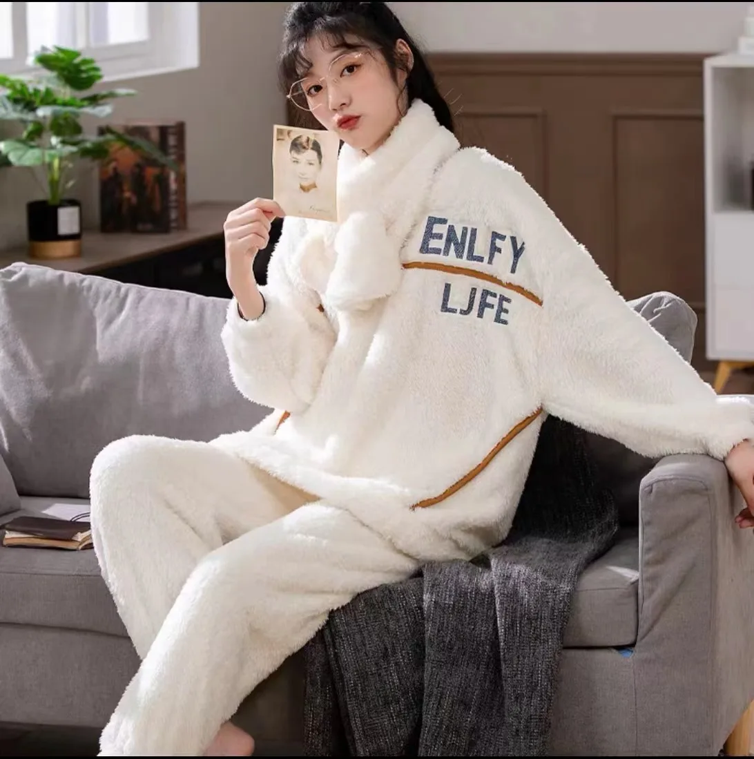 3pcs Plush Pajamas Set with Scarf Womens Winter Thickening Flannel Homewear Suit Cute Coral Fleece Girls Student Outwear Pyjama