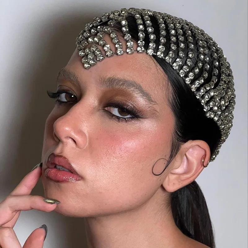 

Girls Women Exotic Rhinestones Multi-layer Head Cap Hat Headwrap / Hair Accessory / Headpiece for Party Wedding Showing