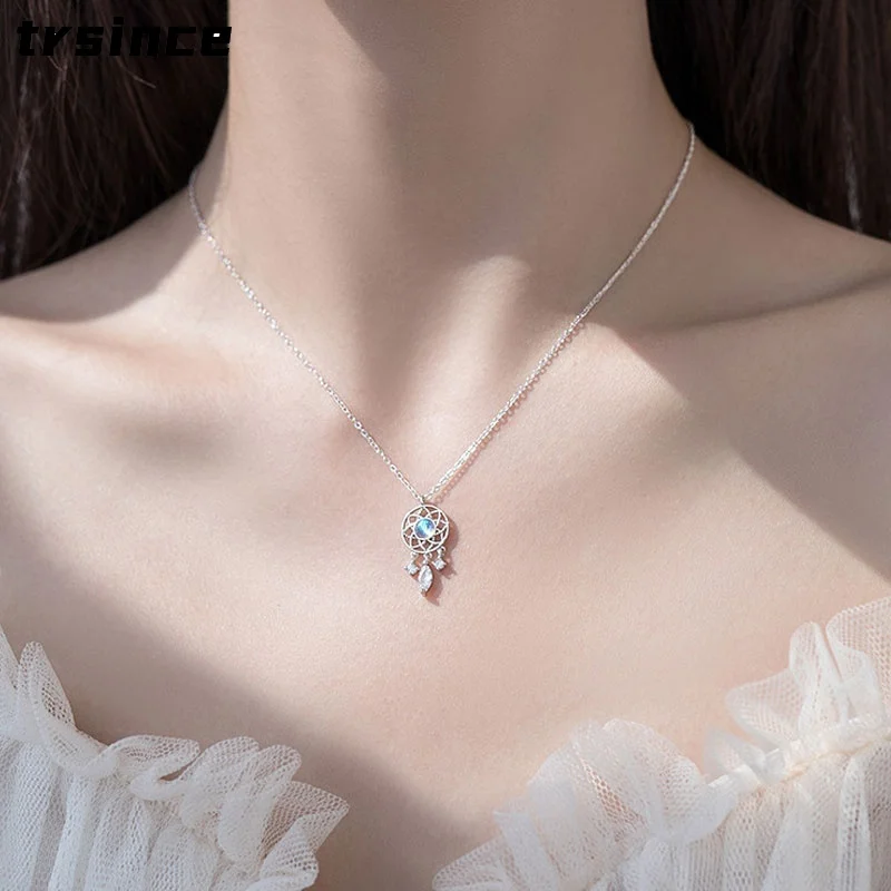 

Silver Colour Tassel Moonstone Dreamcatcher Feather Charm Pendant Choker Necklace for Women Statement Wedding Jewelry