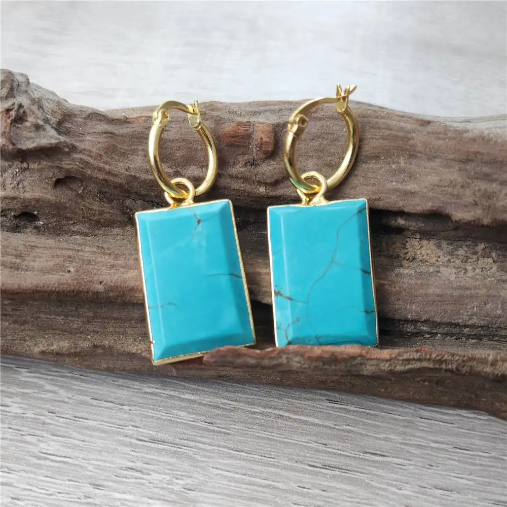 

FUWO Wholesale Rectangle Turquoises Earrings,Unique and Stylish Golden Plated Jewelry For Every Occasion - ER433 5 Pairs/Lot