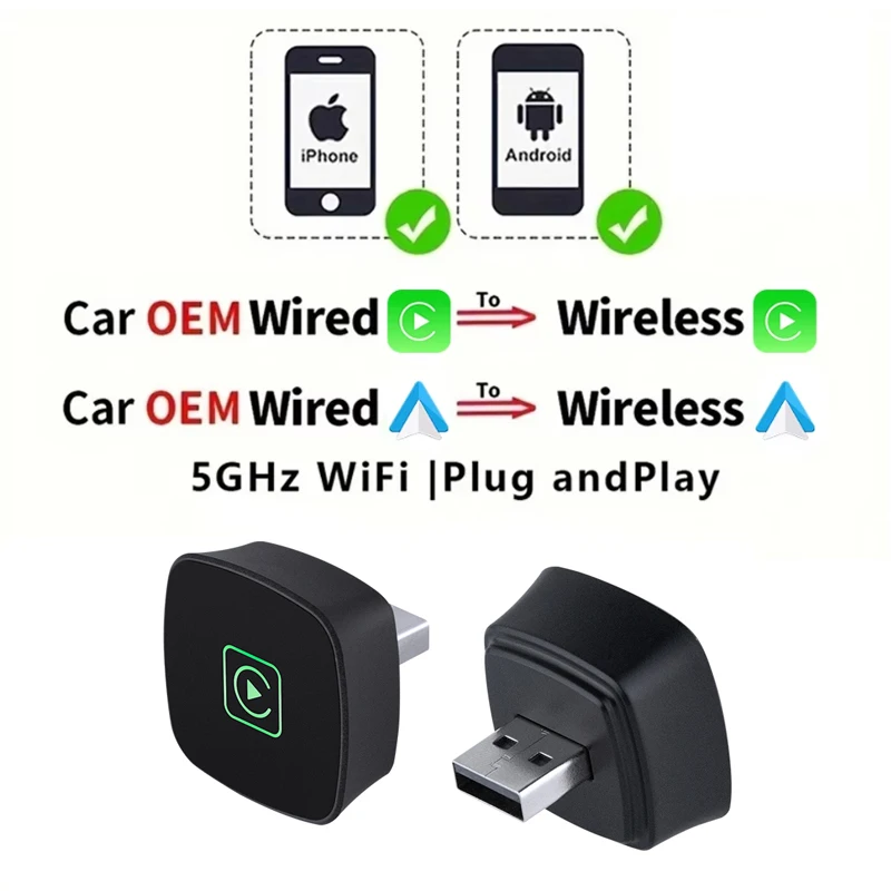 

НОВЫЙ беспроводной адаптер CarPlay Android Auto, проводной и беспроводной 2 в 1, мини-автомобильный адаптер Ai Box Plug and Play, подходит для преобразования оригинала