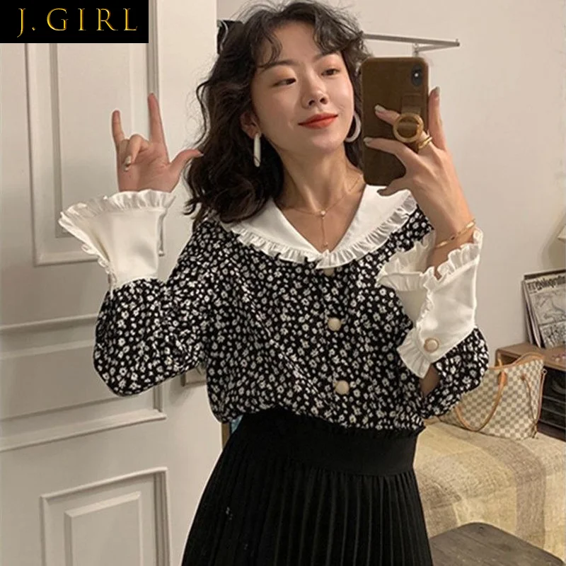 

Shirts Women Chiffon Floral Design Tender Tops Female Elegant Clothing Autumn Peter Pan Collar Holiday Streetwear Classy Popular