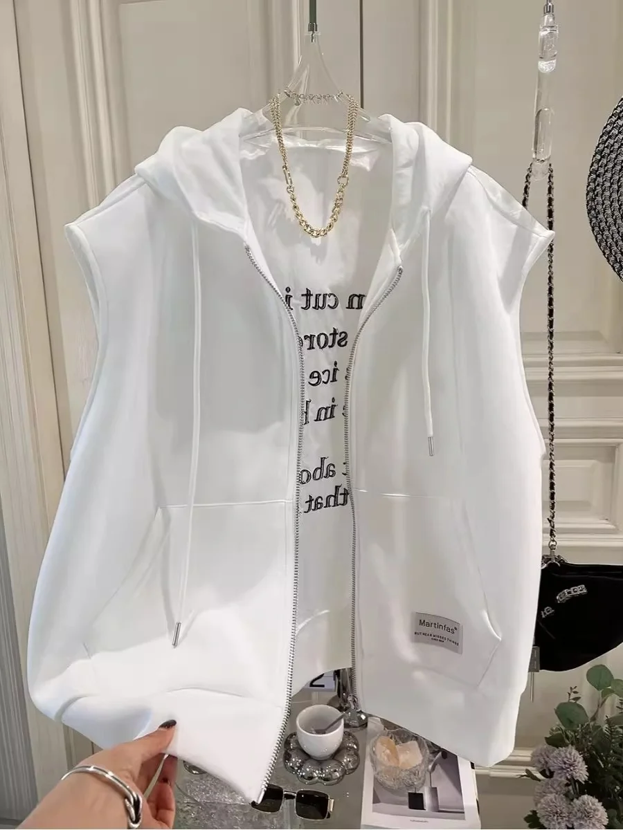 European Goods Plus size 50.00kg Design Sense Print Hood Loose Slimming Fashion Cardigan Zip-up Vest Outerwear