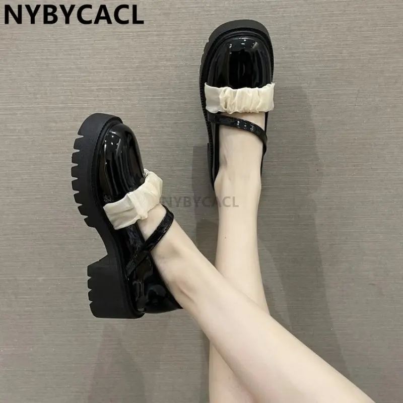 

Женские Кожаные Туфли Мэри Джейн, туфли-лодочки на платформе с плиссированным ремешком, модные японские туфли на толстой подошве в стиле "Лолита", 2023