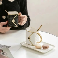 310ml creative ceramic bag shape coffee cup with saucer spoon golden handle mug milk tea juice water drinks cup couple gift