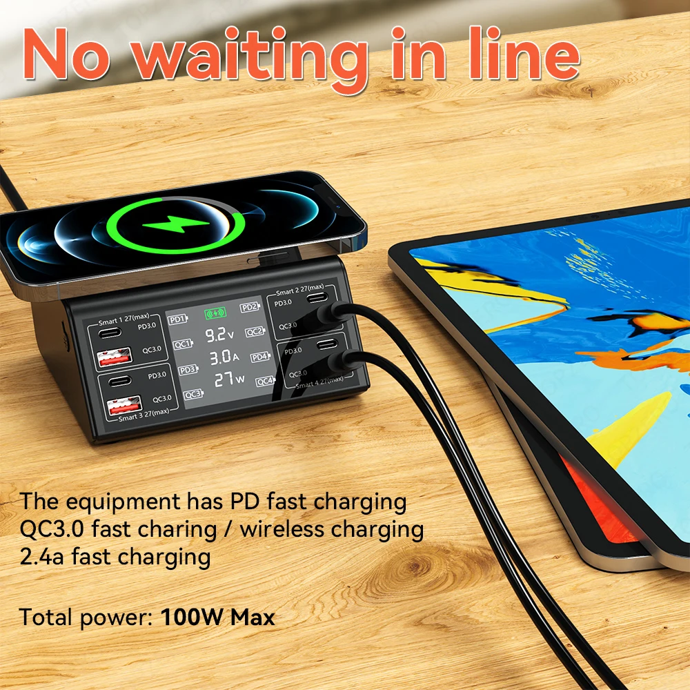100w 8 port usb charger pd qc3 0 usb c fast phone charger qi wireless charger charging station for iphone 13 12 xiaomi samsung free global shipping