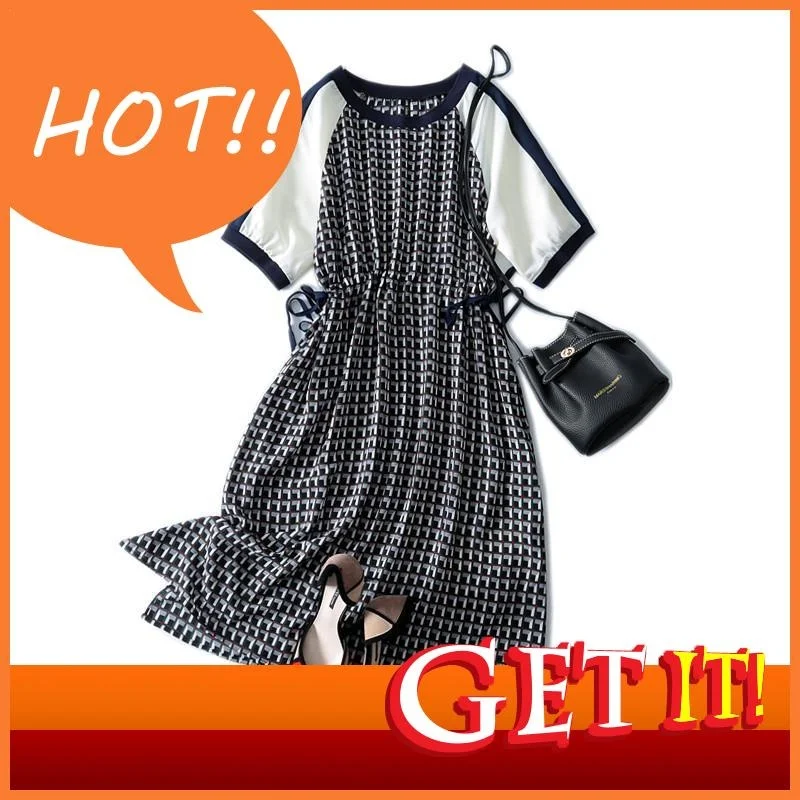 

New Women Dress Summer 2023 Korean Style Plaid Elegant Drawstring Waist Mid-calf Length Chiffon Woman Dresses 4XL
