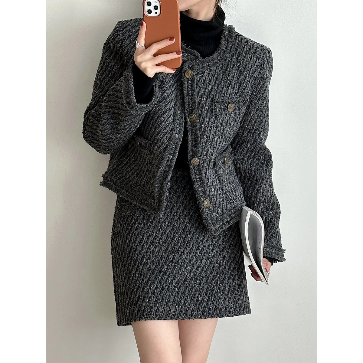 

Women's Winter Duck Down Lined Tweed Jacket + Short Skirt Two Piece Set Warm Padded Outfit