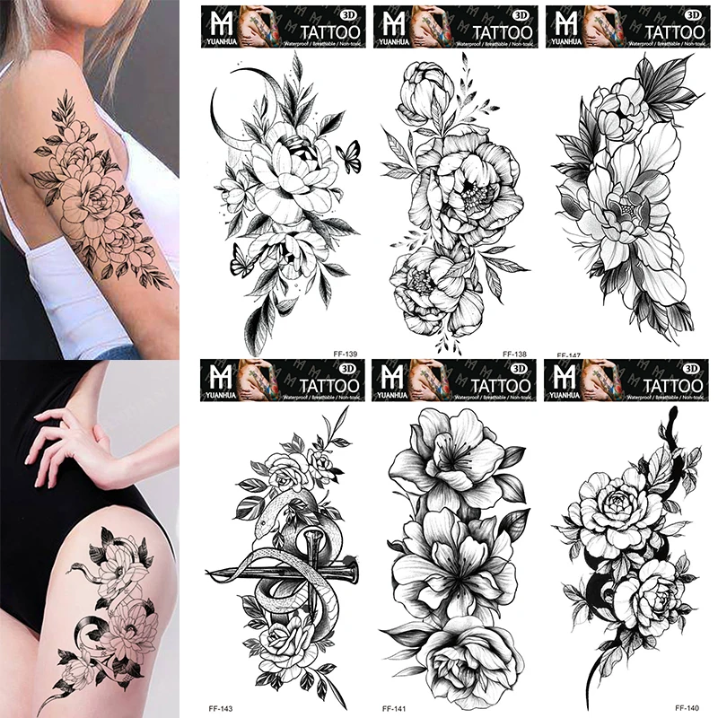 

Waterproof Water Temporary Flower Tattoos Sticker For Women Rose Black Fashion Long Lasting Tattoos Sticker Body Art Fake Totem