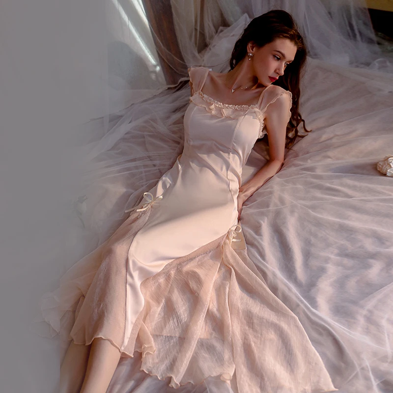 Sexy Mousse Sexy Nightdress Lingerie for Women Satin Breathable V-Neck Backless Sleepwear Home Clothes Suit Sweet Long Skirt