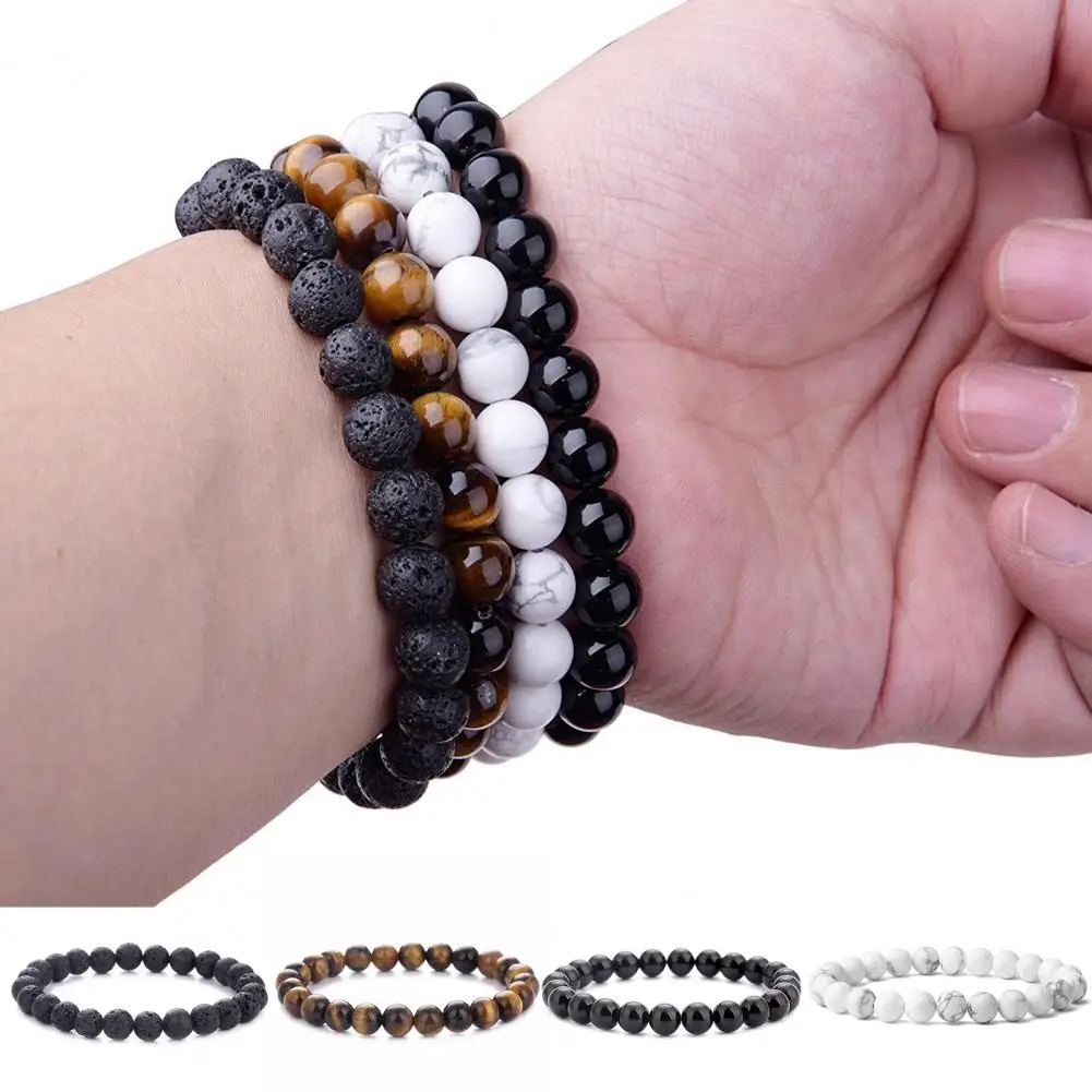 

4Pcs Couple Bracelet Assorted Round Beads Natural Stones Elastic Stress Relief Men Women Tiger Eye Bracelet Fashion Jewelry