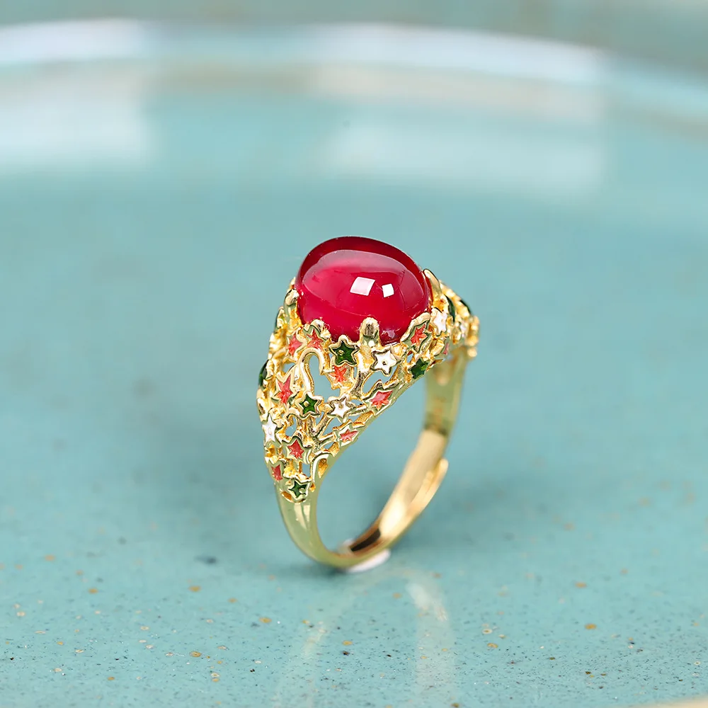 

Engagement Enamel Red Stone Rings For Women Designer Vintage S925 Silver Ring With Corundum Synthetic Sunlight Italy Gold Jewel