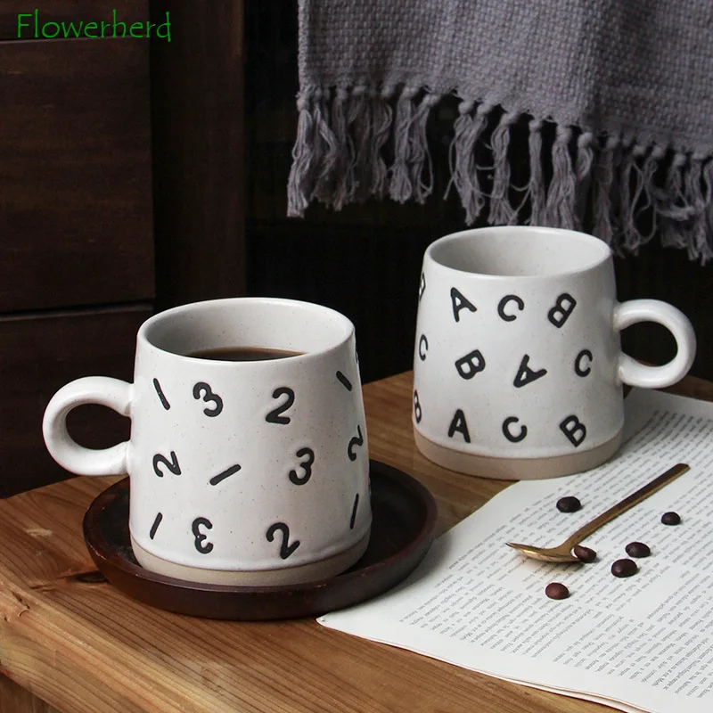 

Retro Style Number Letter Ceramic Mug Literary Coffee Cup with Handle Porcelain Home Breakfast Cup Milk Mug Office Water Cup