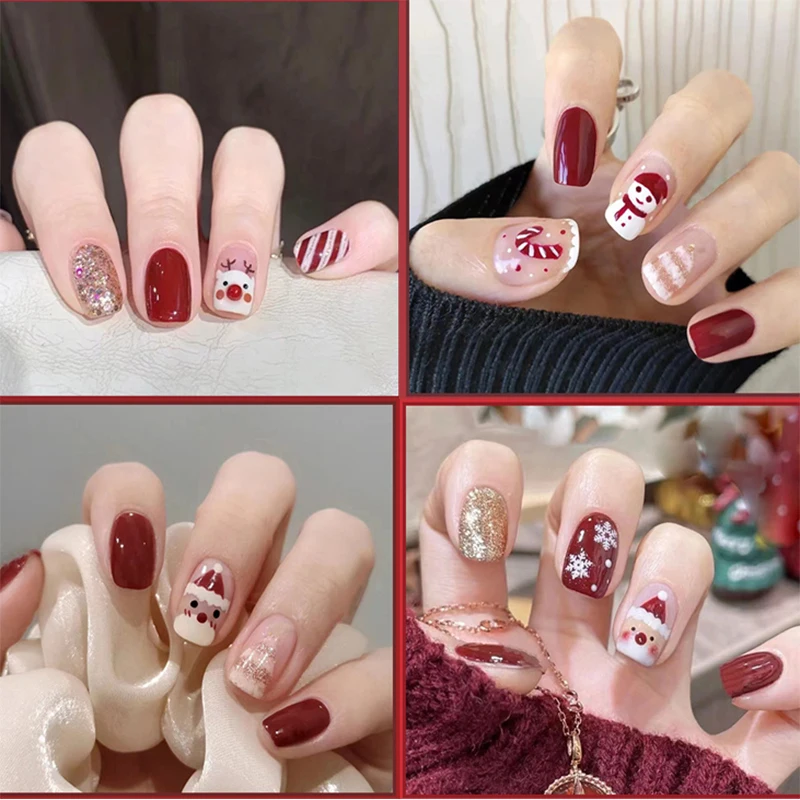 

Fashion Beautiful Elegent Artificial Decor Christmas False Nail Press On Nails Full Cover Manicure Short Square Fake Nails