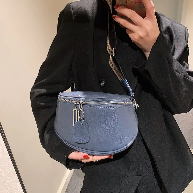 

Fashion Women Solid Color Cow Leather Shoulder Crossbody Bags Designer Wide Fabric Strap Handbag Genuine Leather Ladies Tote Sac