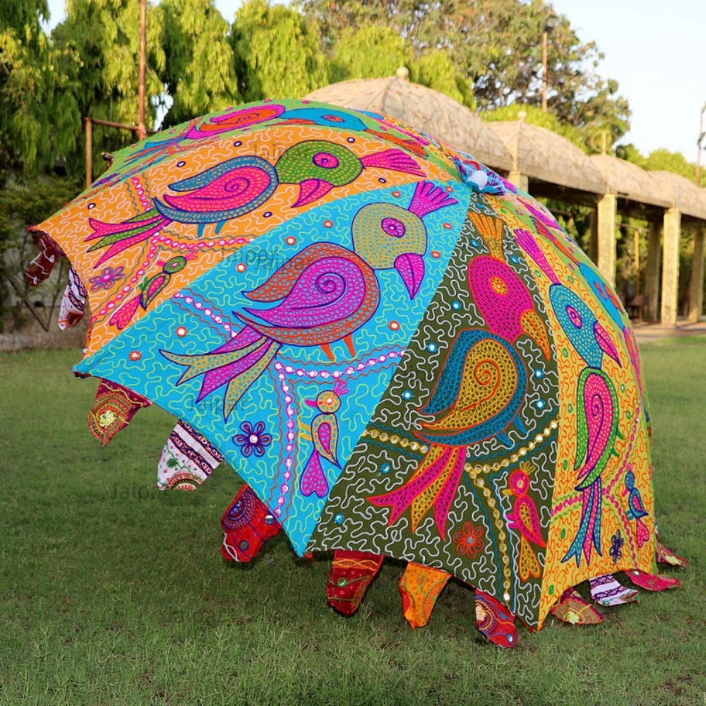 

Unique Art Bohemian Garden Umbrella, Parrot Embroidery Design Exclusive Umbrella, Wedding Parasols, Large Size Pool Umbrella