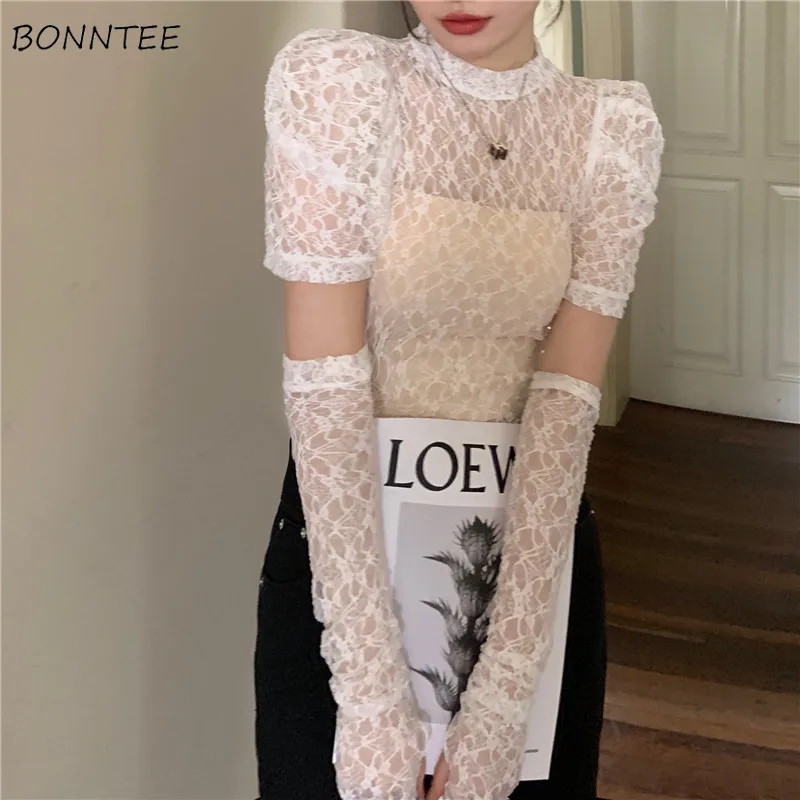 Blouses Women Design Lace Blusas Retro French Style Ladies See-through Stand Collar Chic Holiday Party Top Streetwear Simple Y2k