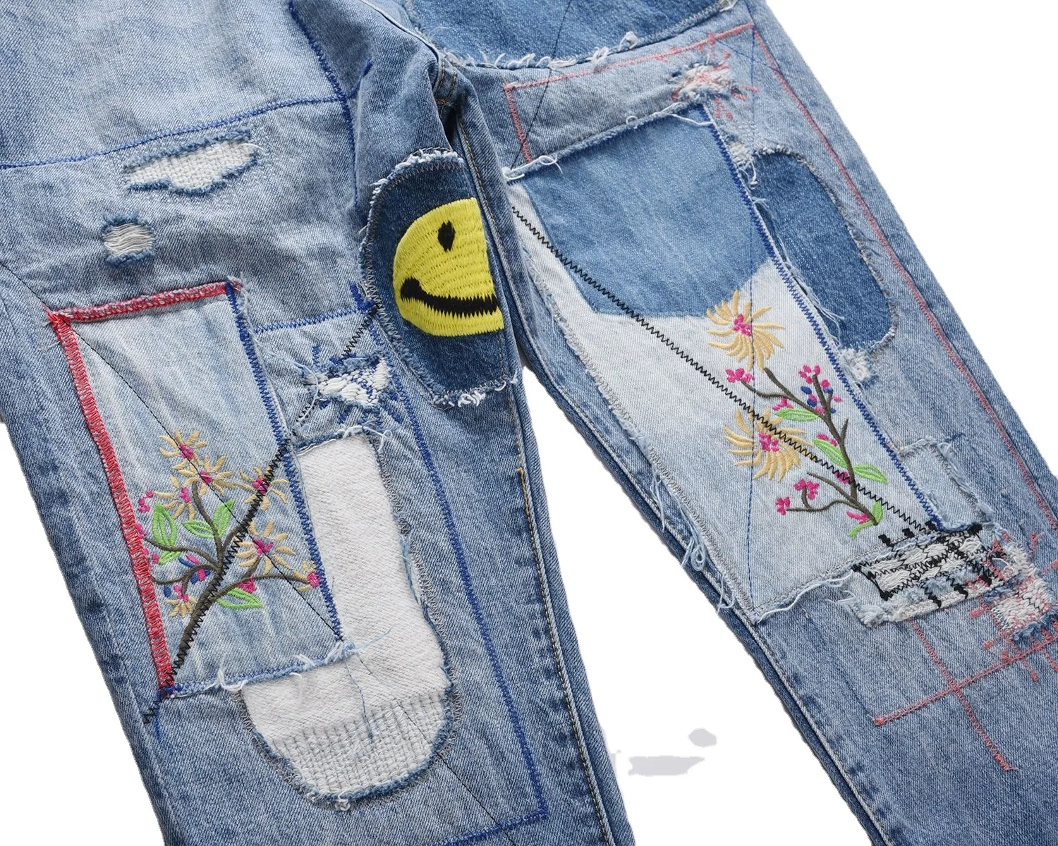 streetwear kapital Vintage Smiling Face Patch Jeans Denim Straight Loose Pants Fashion trousers