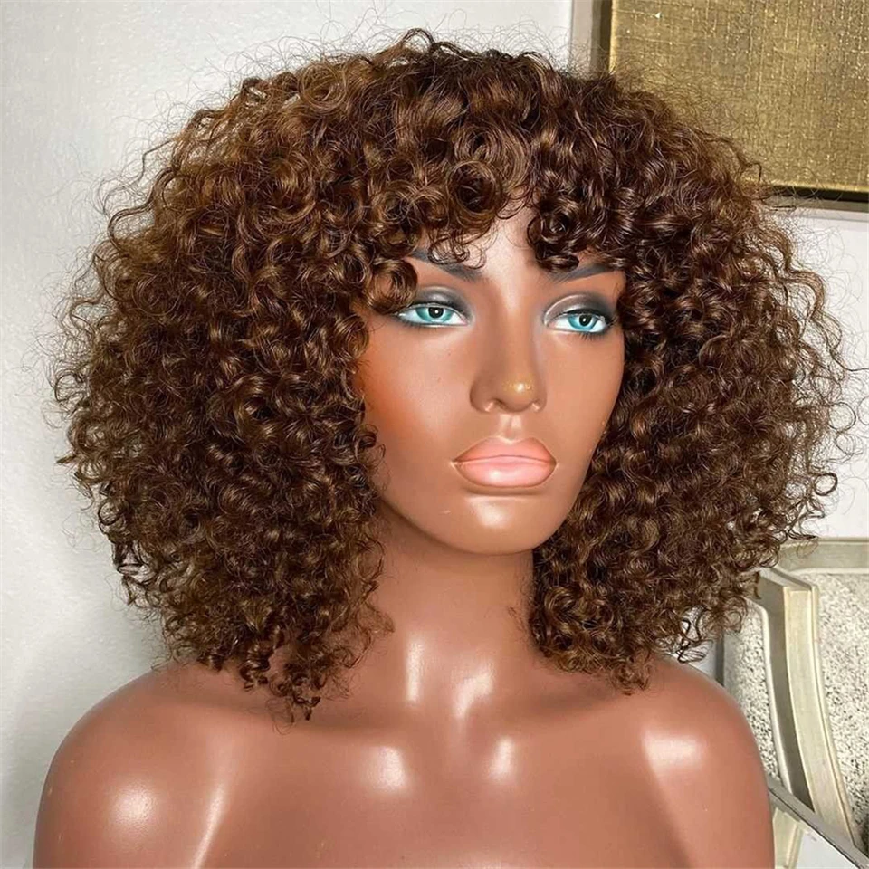 Short Bob Curly Human Hair Wigs with Bangs Pixie Cut Ombre Blonde Wig for Women Full Machine Made Hair Wigs Brown Short Bob Wig