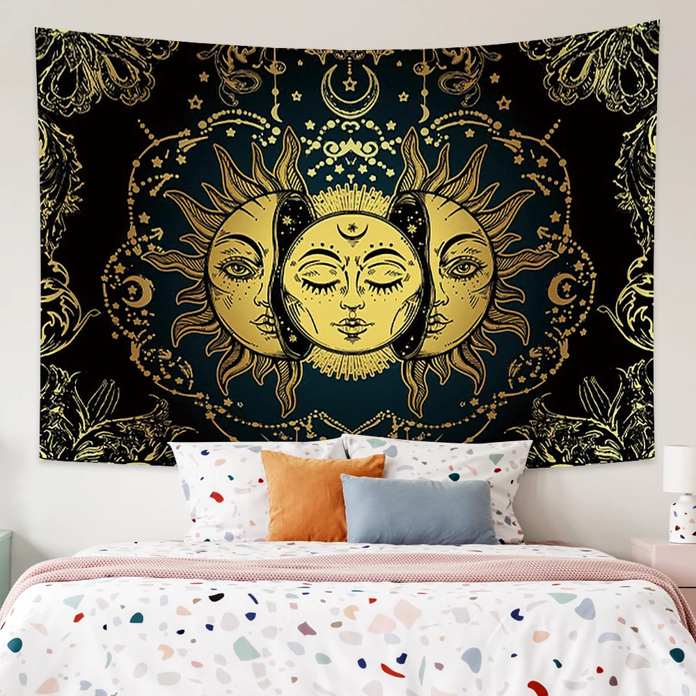 

Mandala Tapestry Black Gold Sun Moon Psychedelic Face Tarot Hippie Wall Rugs Room Dorm Bedroom Home Decor Wall Hanging Blanket