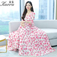 korean fashion chiffon evening dresses elegant prom pink beach summer clothes for women 2022 maxi dress blue floral tunics robe