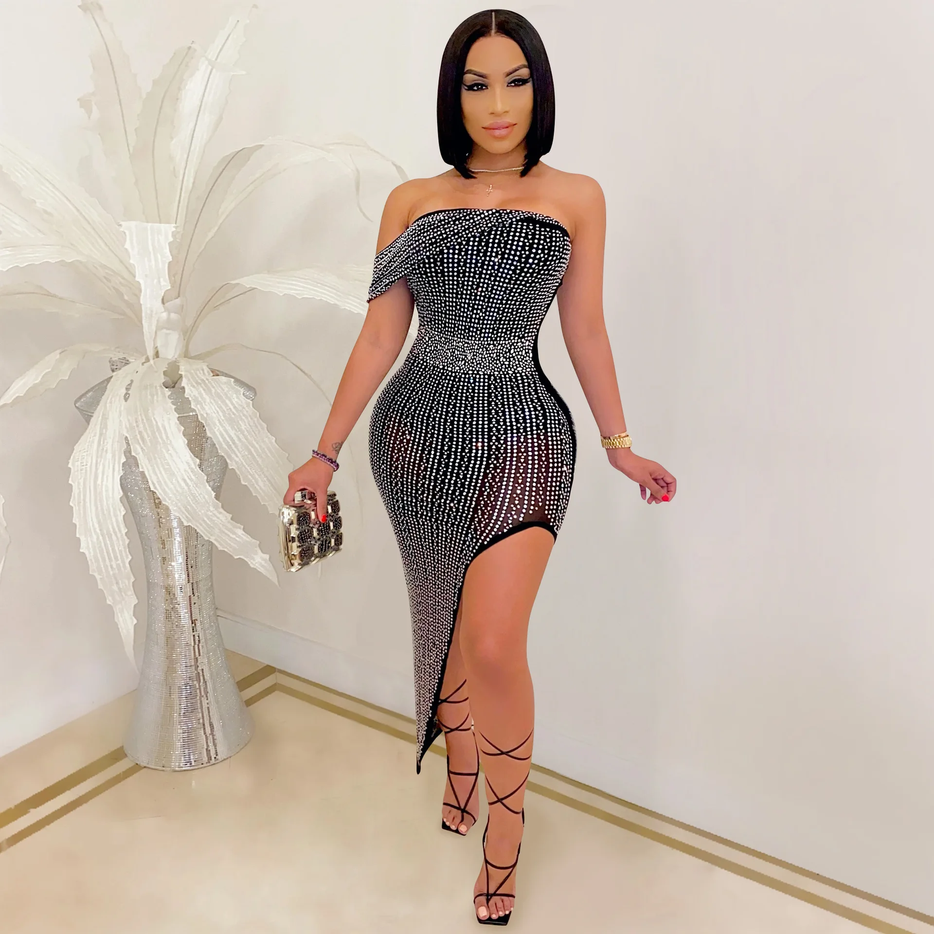 2022 New Bodycon Dress Solid Diamond Strapless Off Shoulder Sexy Celebrity Party Midi Dress Vestidos