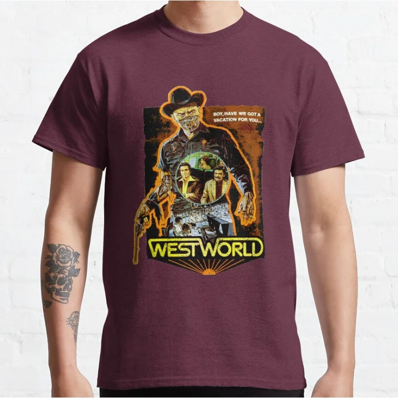 80-е годы Винтаж scifi Westworld фильм страшный ковбой ужасов графические футболки для