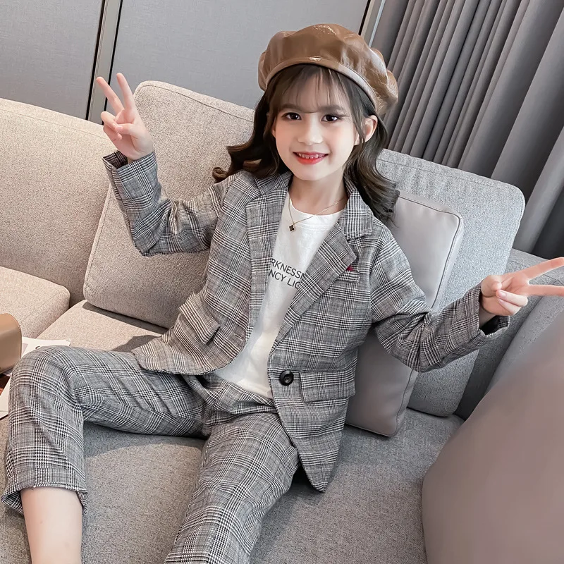 

2023 Teenager kids baby Girls clothes winter Autumn Plaid formal checked Jacket + Pant School Children 4 5 6 7 8 9 10 11 12 Year