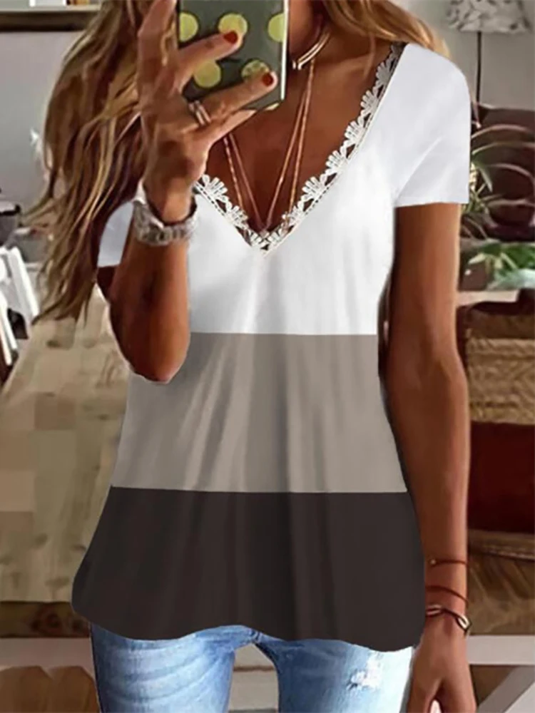 

Women Block Color Stitching Blouse Shirt Spring Elegant V Neck Embroidery Lace Tops Summer Short Sleeve Office Ladies Pullover