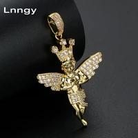 Lnngy Yellow Gold Angel And Crown Iced Out Cross Charm Pendant 14K Solid Gold Hip Hop Heavenly Guardian Jewelry for Men Women