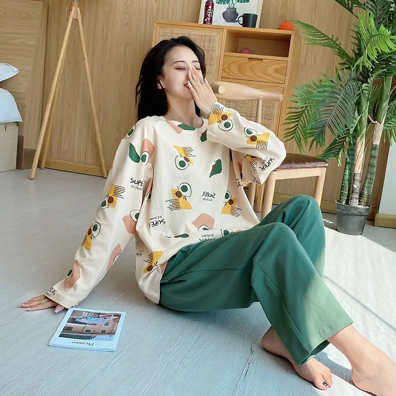 Spring and autumn pajamas women's fat MM200 pounds plus size long sleeves, round neck, loose casual home wear two-piece set