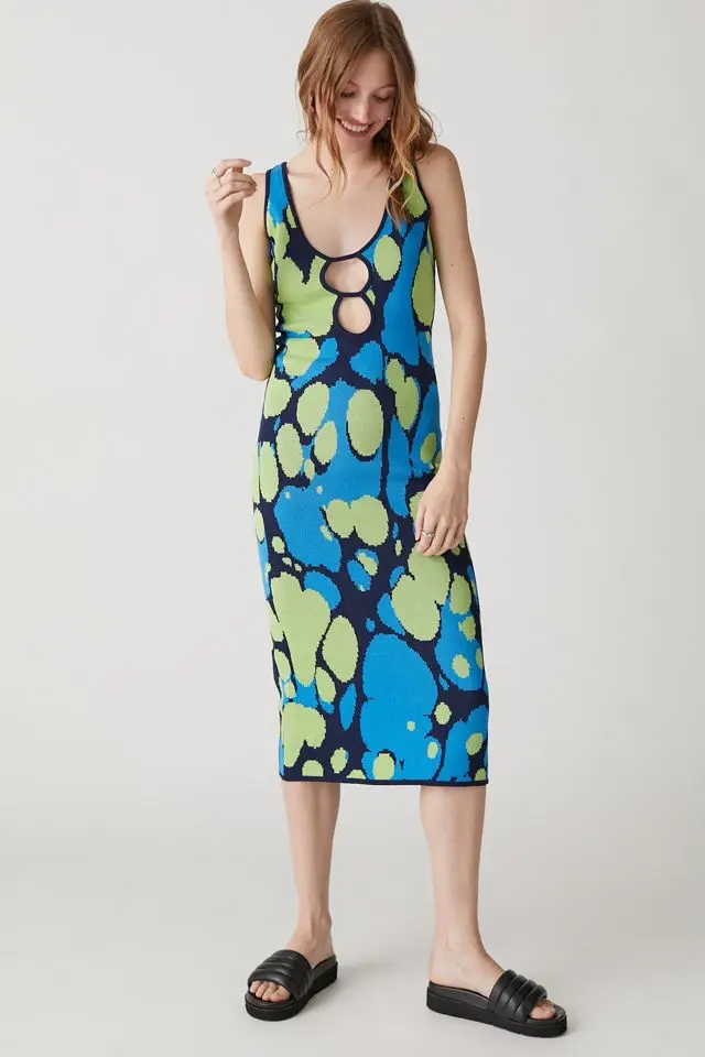 

Women Summer Knit Dresses Hollow Out Graphic Print Off Shoulder U-Neck Sleeveless Dress Casual Slim Fit Midi Streetwear