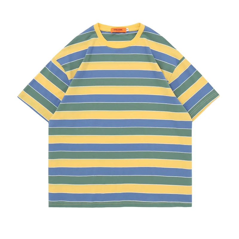 

Футболка оверсайз в японском стиле Харадзюку в полоску для мужчин и женщин, летняя мешковатая футболка с короткими рукавами в стиле унисекс с цветными блоками, 2022