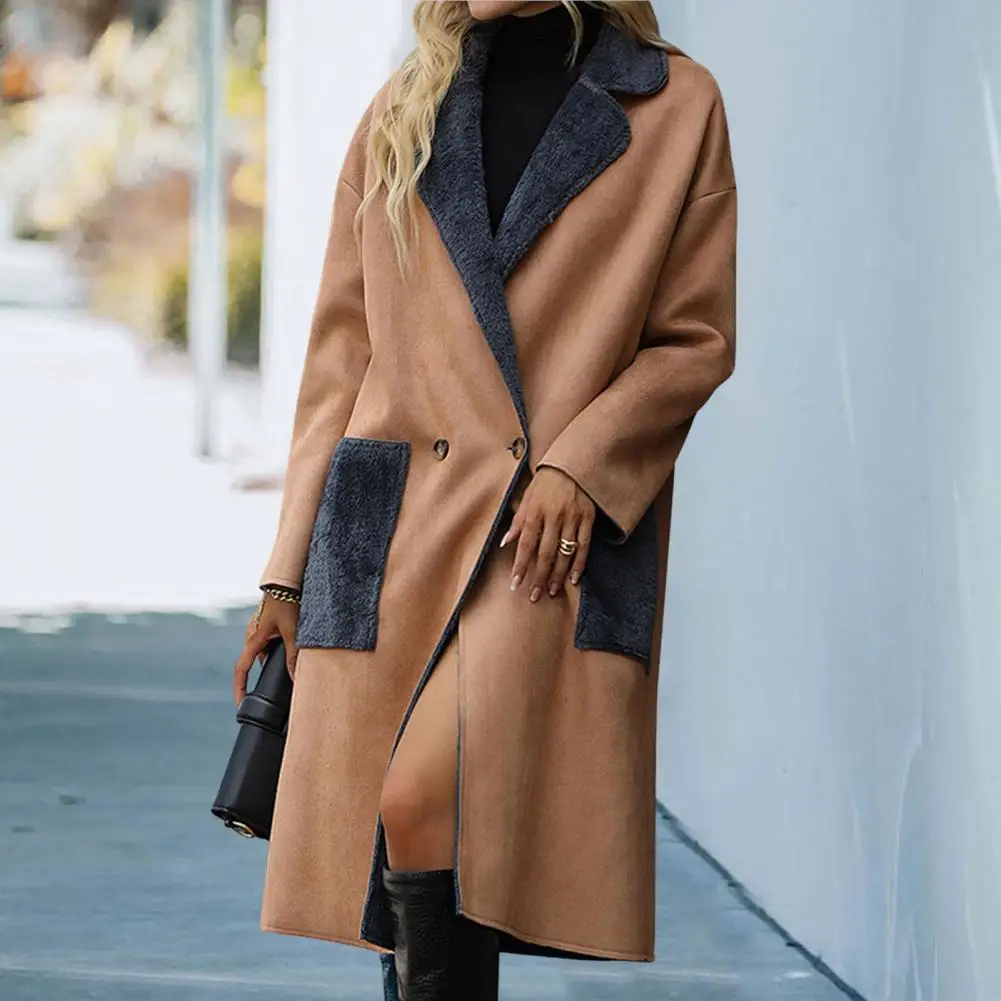 

Popular Overcoat Lapel Warm Women Autumn Winter Patchwork Color Suede Mid-Length Cardigan Coat Cardigan Coat Cold Resistant