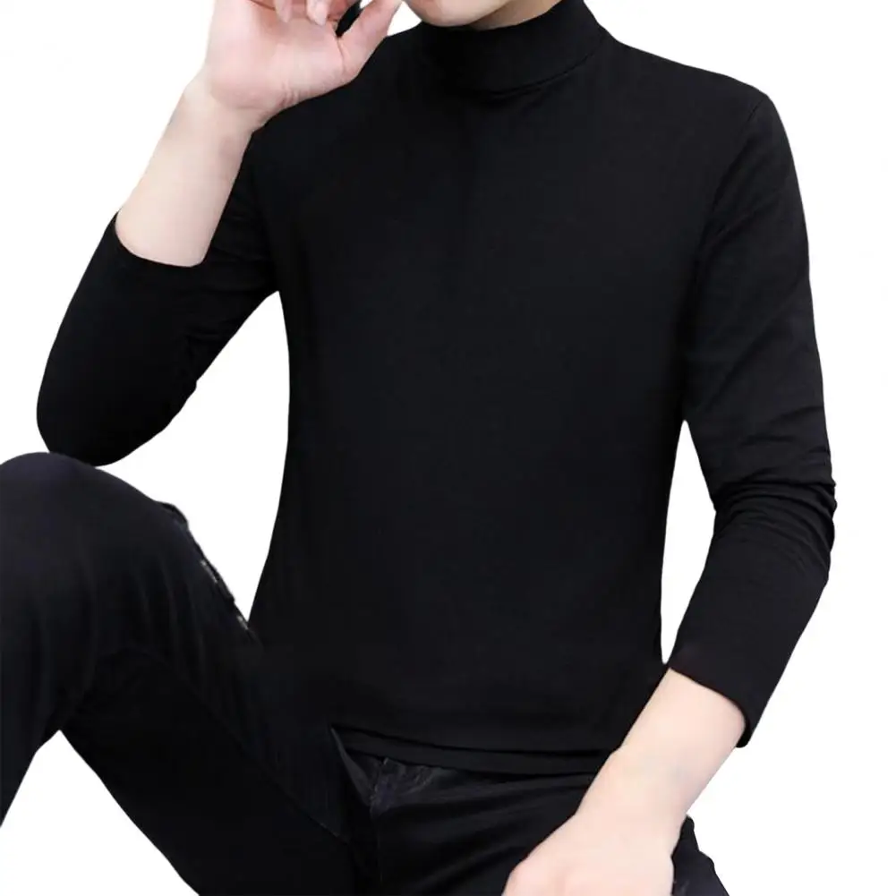 

Men Base Shirt Half-high Collar Solid Color Slim Fit Long Sleeves Pullover Basic T-Shirt Close-fitting Spring Tops Daily Wear