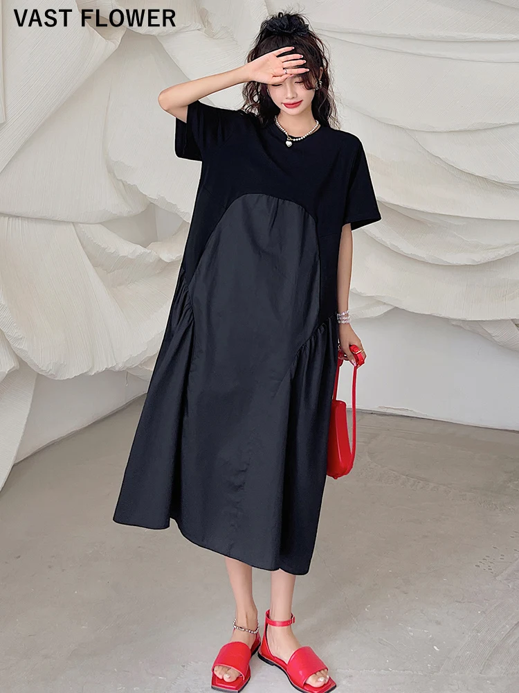 

Patchwork Pleated Black Vintage Dresses For Women New Korean Fashion Short Sleeve Loose Casual Summer Long Dress Clothing 2023
