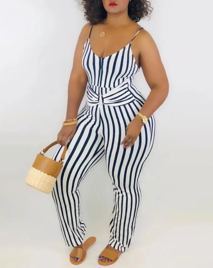 

Jumpsuit Women Casual Striped Print O-Ring Decor Spaghetti Strap Jumpsuit V-Neck Long Pants Suspender Pants 2022 New Fashoin