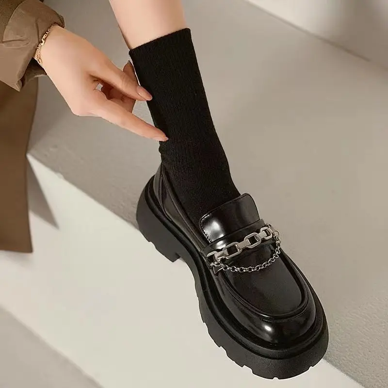 

Туфли женские кожаные на платформе, лоферы, толстая подошва, без застежки, криперы, повседневная обувь с пряжкой, E980