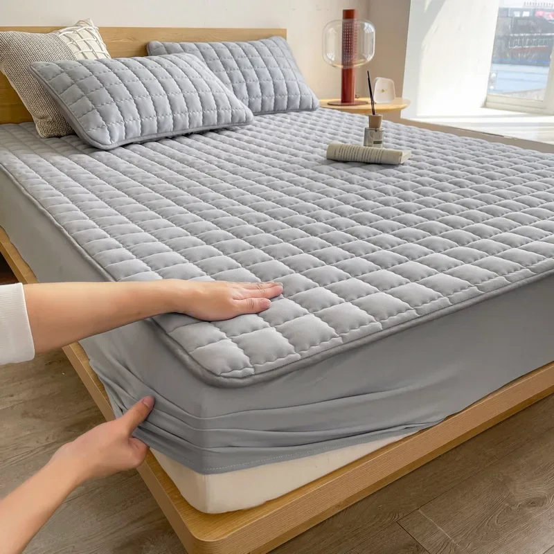 

Waterproof Mattress Protector Thickened Cotton Queen Double Elastic Fitted Sheet Anti-slip Bedspread Solid Color(No Pillowcase)