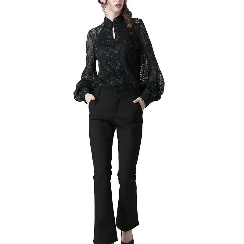 Женская кружевная блузка с рукавами-фонариками элегантная свободная винтажная