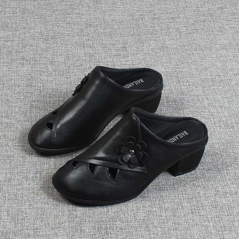 

Loafers High-Heeled Shoes Lady Square heel Slippers Soft Med Slides Slipers Women Flower Cover Toe Block Comfort 2022 Fretwork F