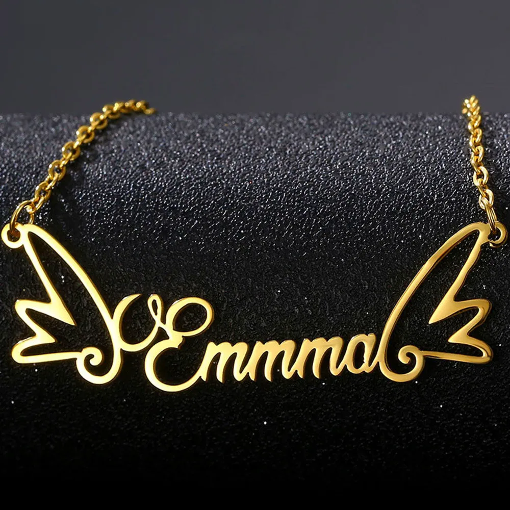 

JewelryR Custom Wings Name Necklaces Personality Stainless Steel Angle Nameplate Pendant Choker For Women Jewelry Birthday Gifts