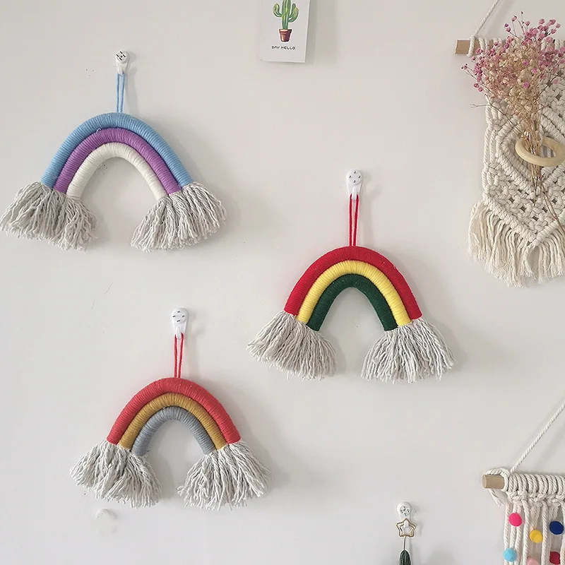 

Small Size Rainbow Wall Decor INS Nordic Rainbow Hand-woven Pendant Kids Girl Room Wall Hanging Background Photography Props