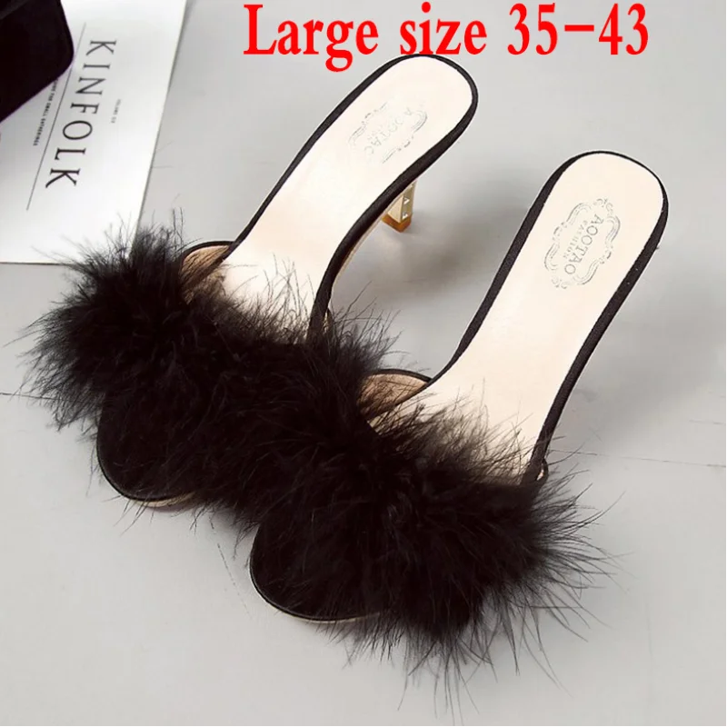 

Женские летние шлепанцы, новинка 2021, модные босоножки на шпильке с пушистым узором и открытым носком, женские тапочки на высоком каблуке