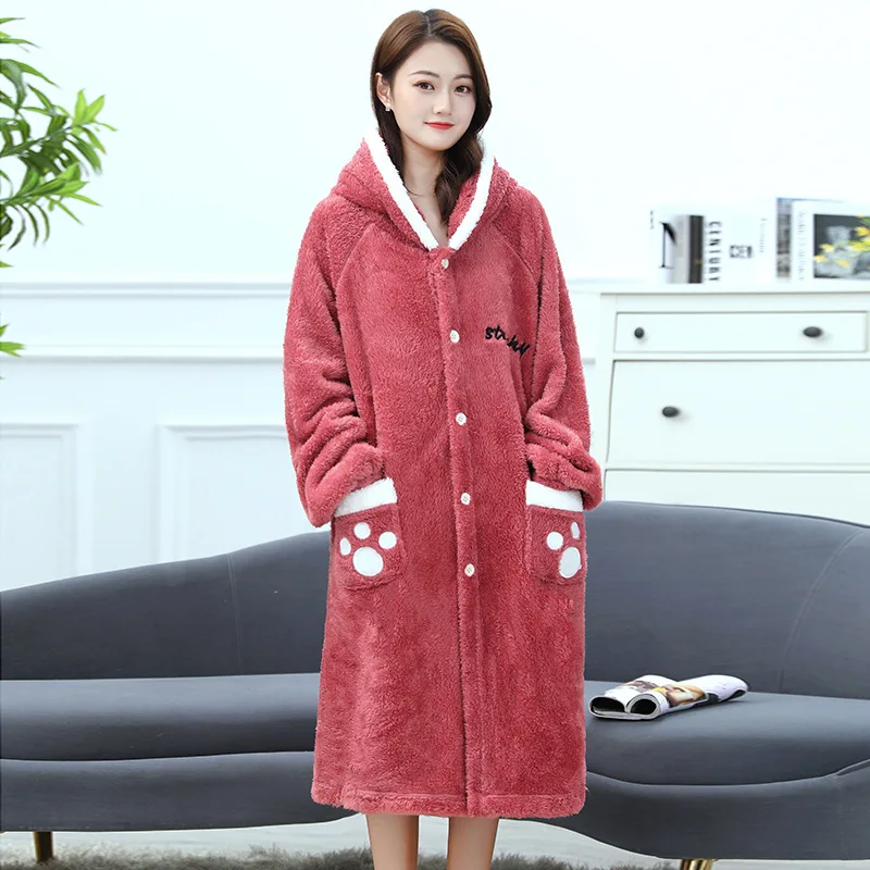 Hooded Nightdress Thicken Keep Warm Cute Comfortable And Soft Leisure Wear Add Pocket Adult Delicate