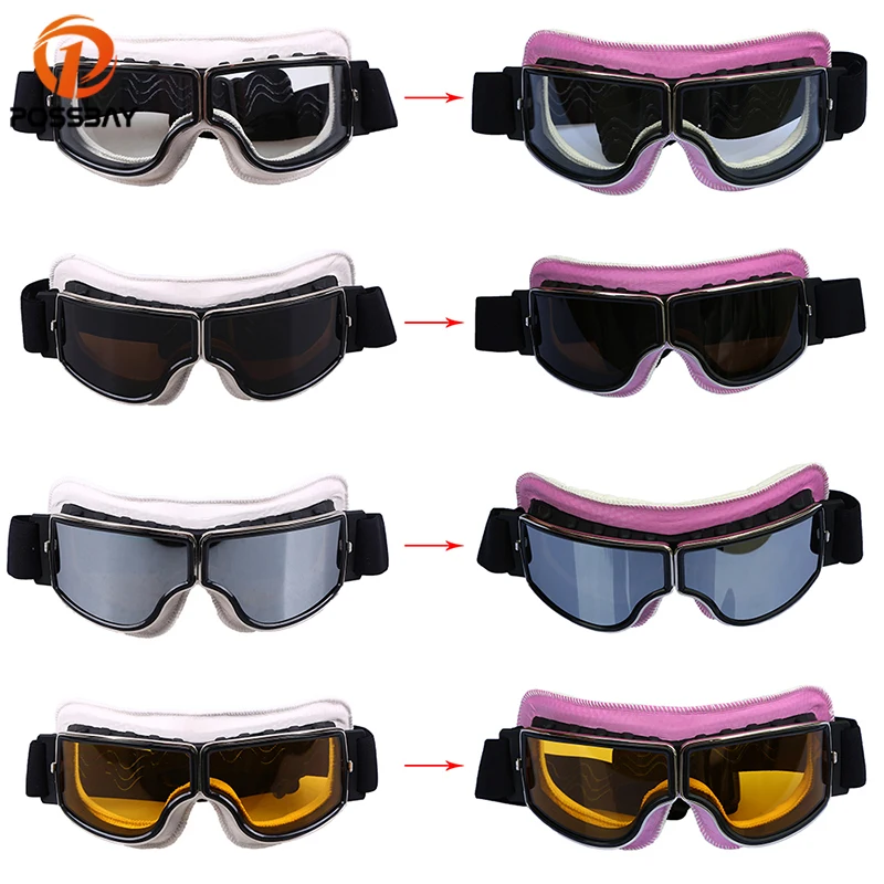 

POSSBAY Motorcycle Goggles Chameleon Leather White To Pink MX Ski Mtb Bicycle Bike Outdoor Motocross Googles Cycling Eyewear