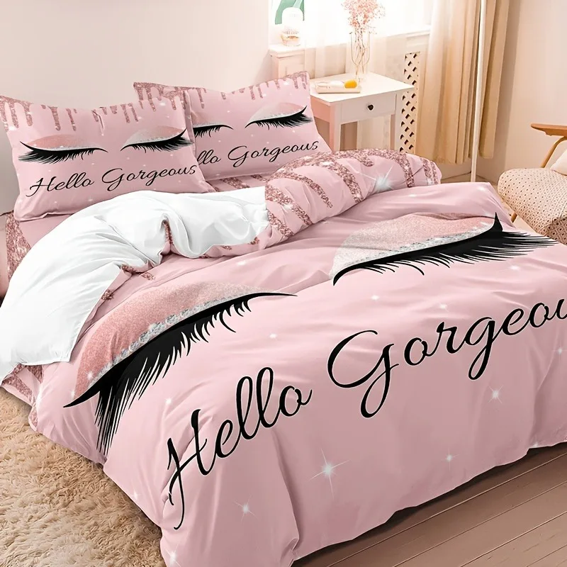 Фото Комплект постельного белья Hello Gorgeous с принтом ресниц, розовый блестящий пододеяльник с наволочками, мягкое постельное белье из микрофибры для девочек №1