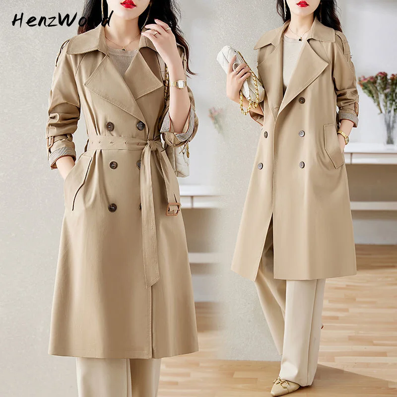 

British Style Temperament Women Windbreaker Casual Commuter Stitching Plaid Lace-up Slim Fit Women Coat Autumn And Winter New
