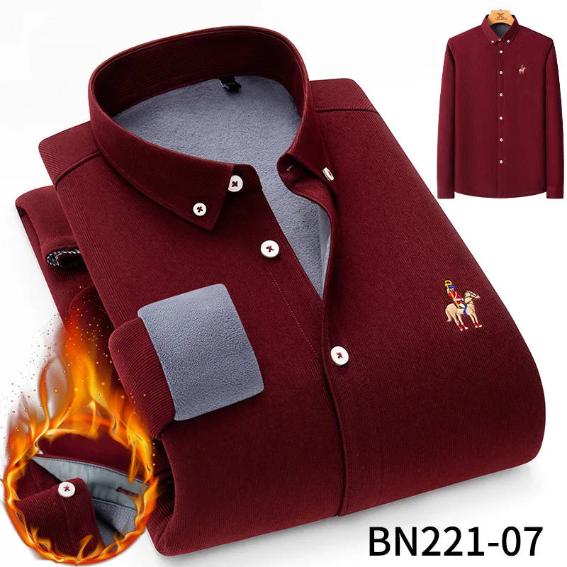 Mattswag Men Thicken Plush Embroidery Long Sleeve Shirts Autumn Winter Corduroy Warm Men's Shirts Slim Button Down Camisa Hombre