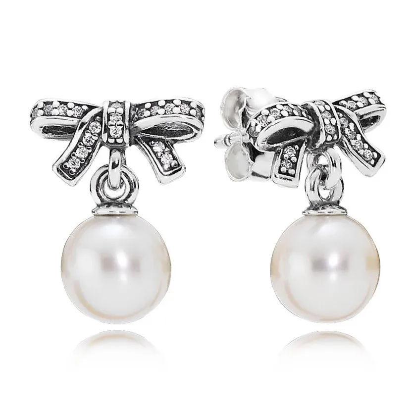 

Original Bowknot Delicate Sentiments With Pearl Drop Earrings For Women 925 Sterling Silver Wedding Gift Pandora Jewelry